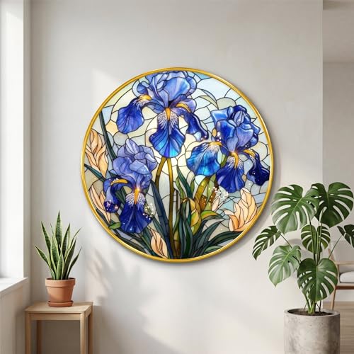 Image of SAF Blue Iris Flower Wall Painting with Golden PVC Frame Round Floral Art Stained Glass Style Modern Decor for Living Room Bedroom Office Home Decorative Gift Item (16 x 16 Inch) GRM-361