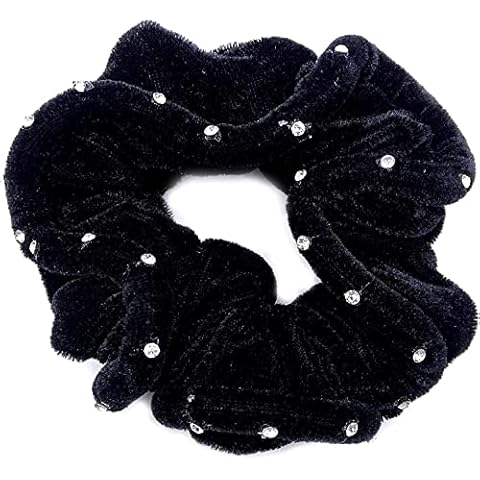 HD Novelty Black Velvet Hair Scrunchie With Sparkly Diamante Crystals Dia.12cm Silk Hair Ties Black Scrunchies for Women Cover