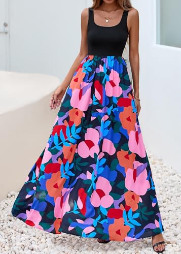 Image of KIRUNDO Women Summer Sleeveless Boho Floral Maxi Dress 2026 Scoop Neck Tank A Line Flowy Beach Vacation Resort Wear Sundress