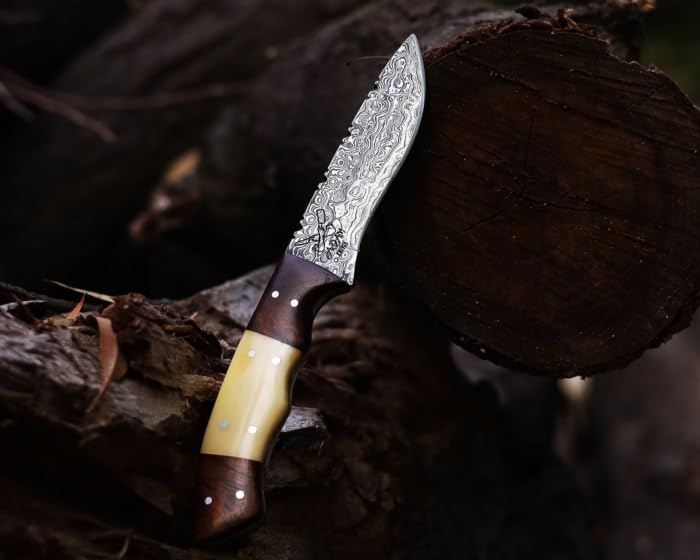 Miniatura 8 de Cuchillo de caza de acero de Damasco de hoja fija con funda de cuero, cuchillo de caza de espiga completa de 9 pulgadas, mango de madera