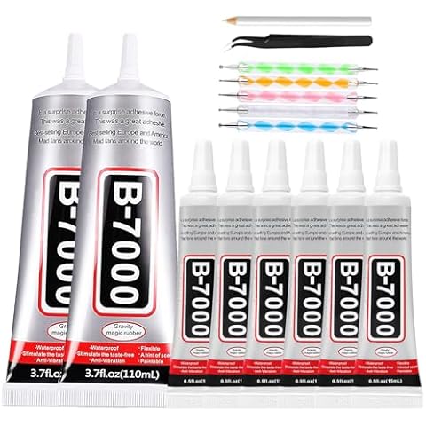 B7000 Adhesive Rhinestones Glue for Crafts, 2PCS 110ml / 3.7 fl oz B7000 Clear Glue+6PCS 15ml B7000 Glue + with 5 Dotting Pen Tool, Wax Pencil and Tweezer, Jewelry Glue for DIY Craft Makeup Shoes Cover