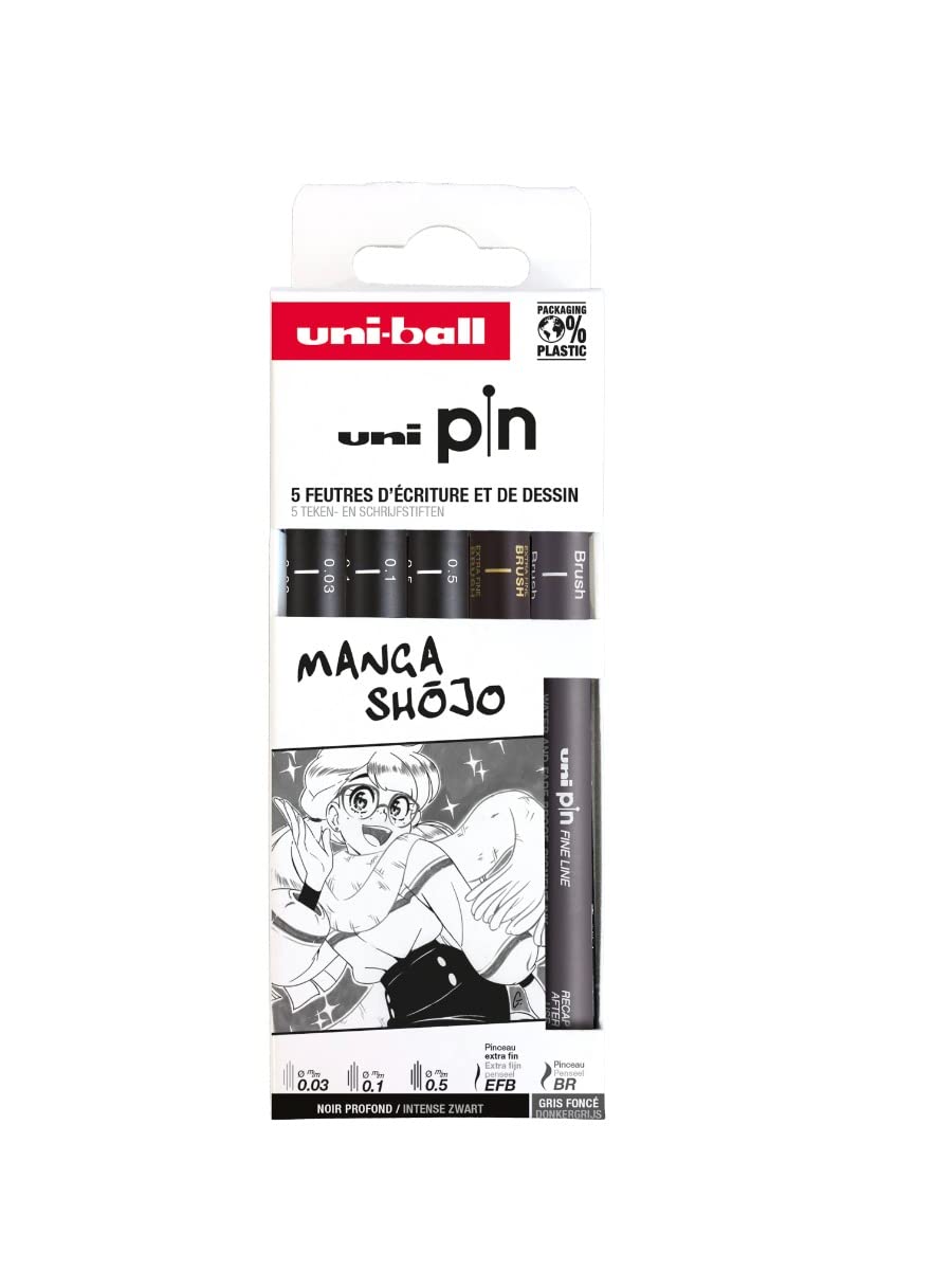 Uni-Ball Technical Felt-Tip Pouch, Calibrated Tips 0.03 to 0.5 mm & Brush, Black & Dark Grey, 5 Pens, Black, Dark Grey