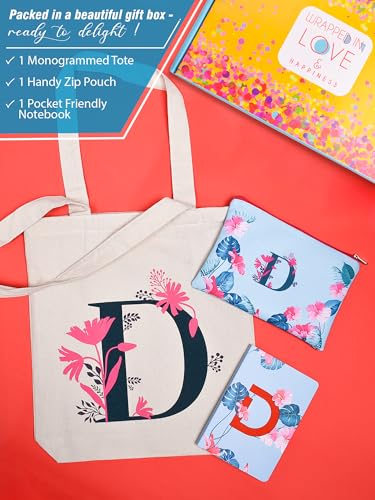 Image of DOODLE Monogram D Diary Gift Set with Tote Bag and Pouch | B6 Soft Bound Ruled Notebook | Stationery Gift Set for Women