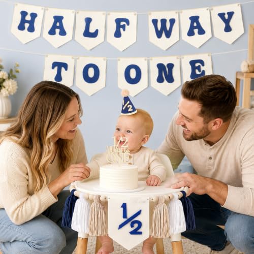Image of THAWAY 1 /2 Birthday Boy Decorations, Blue Half Way to One Banner Set | Felt banner;wooden cake topper;1 /2 hat;baby boy 6 month party