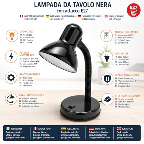 Lampe Bureau E27 Bras Flexible Noir TL1201-N Velamp