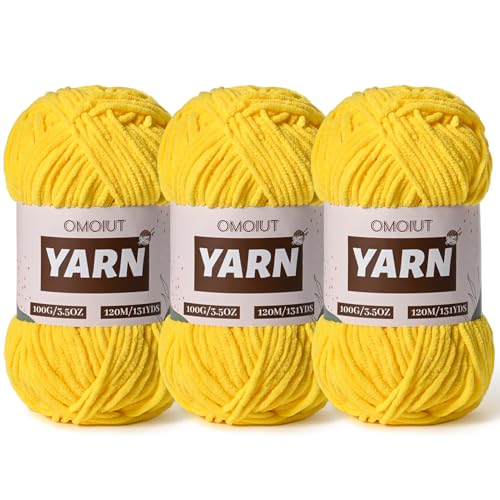 Image of 3 Packs Plush Chenille Chunky Crochet Yarn - Baby Yarn for Crocheting Soft - Velvet Yarns Knitting for Blankets Crafts - Fluffy Amigurumi Yarns 300g / 393yd (3 Yellow)