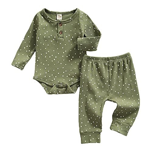 Image of Kupretty Newborn Baby Boy Girl Polka Dot Clothes Set Ribbed Knit Long Sleeve Romper Pants Unisex Fall Winter Outfits (Green, 3-6 Months)