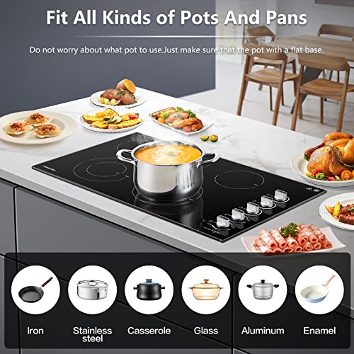 AMZCHEF Electric Cooktop 36 inch Built-in Electric Stove Burner with 5 Burners, 8900W Power Control by Knob, Ceramic Electric Stove with Hot Surface Indicator, 220V-240V