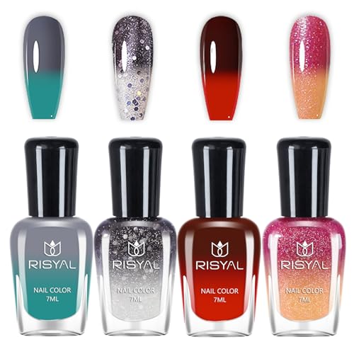 4 Farben Nagellack Set - Farbwechselnder Kit Mit Temperaturkontrolle - Nagelkunst-Design für DIY Maniküre ohne UV-Lampe (Grün Rot Schwarz Set C)