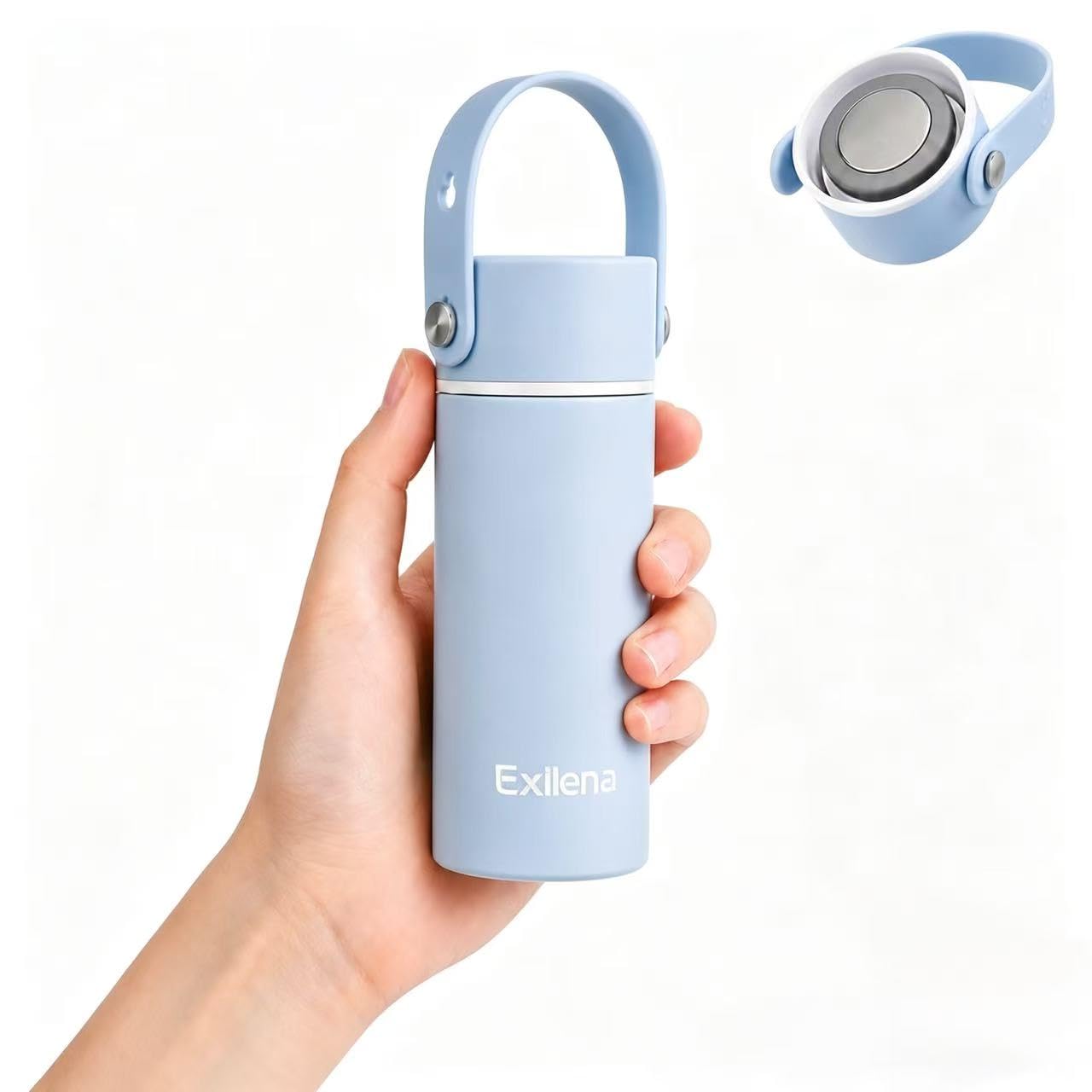 Exllena 200ml Small Water Bottle with Adjustable Silicone Handle Made of 100% Stainless Steel (Body + Lid), Mini Metal Water Bottle for Handbag, Leakproof (Sky Blue)
