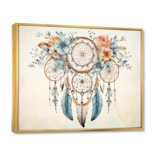 Large Dream catcher framed wall Art, Blue Dreamcatcher Vintage Whispers, Dream catcher framed wall art decor, Teal Traditional Gold framed wall art, 32x16 inches Gold Frame