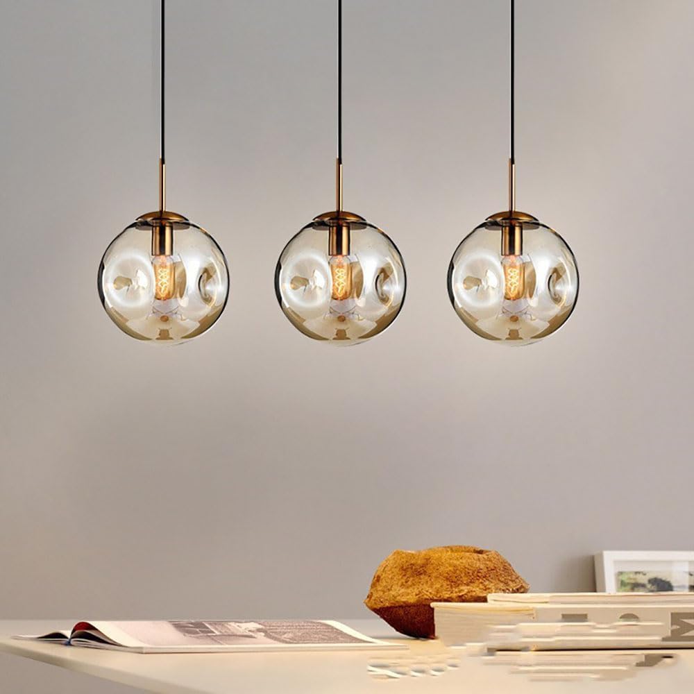 9.8" Globe Pendant Light Gold Mid Century Glass Modern Fixture Brushed Brass Finished with Clear Lampshade for Dining Room Bedroom(Gold,7in)