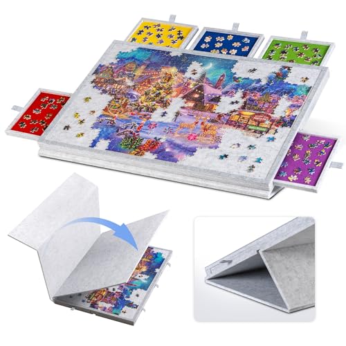 LAVIEVERT Tilting Puzzle Board with 2-in-1 Designed Stand & Cover Lightweight Felt Jigsaw Storage with 5 Drawers for Adults Portable Jigsaw Puzzle Table 1000 Pieces - Light Gray