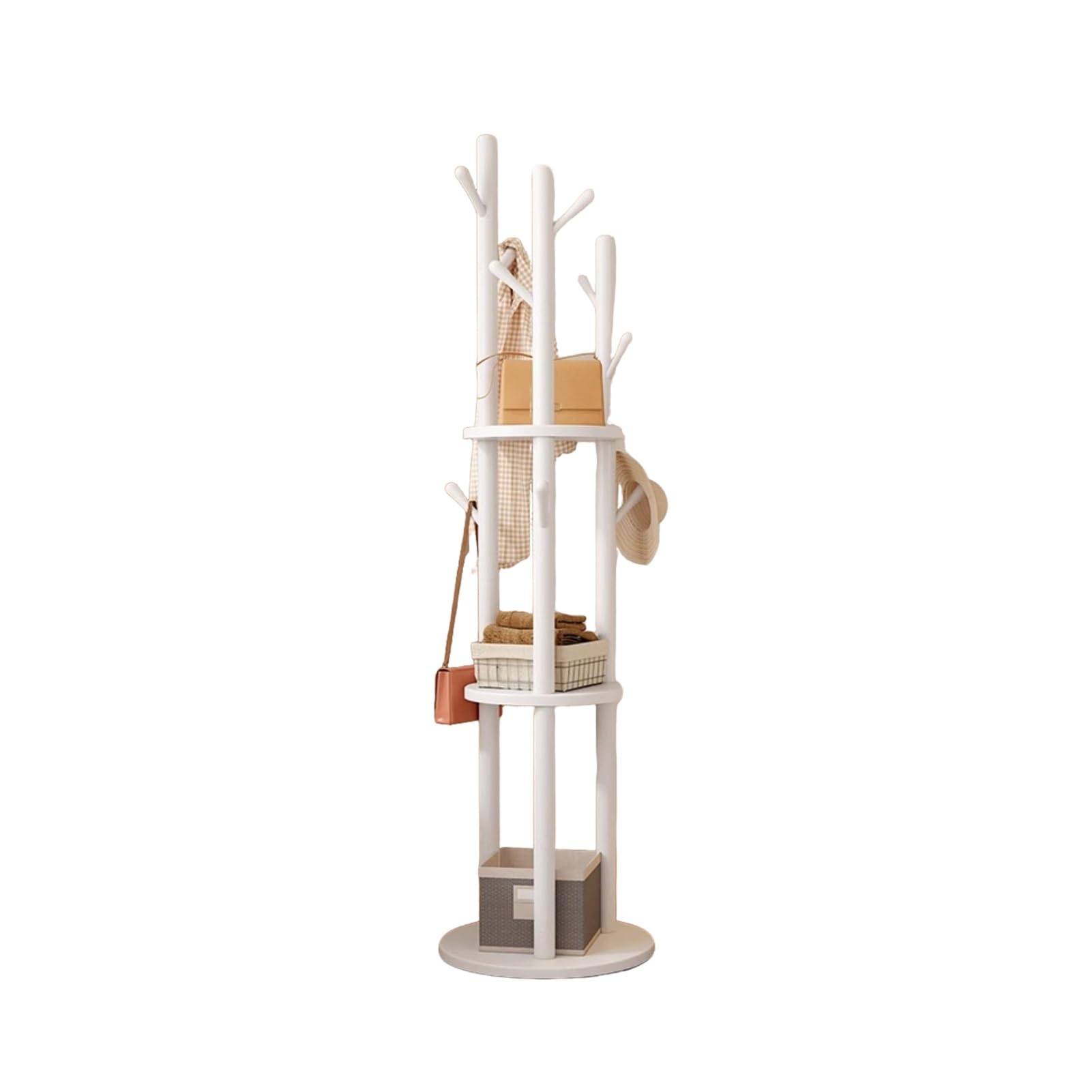 Perchero de Madera Giratorio de 360° Independiente, 9 Ganchos y 3 estantes | Soporte de madera for ropa for sombrero, bufanda, bolso, dormitorio, pasillo, organizador del hogar(Color3)