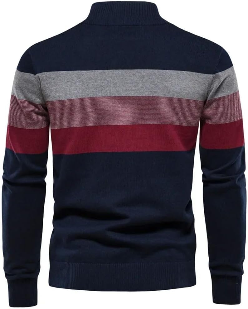 Men's Autumn Winter Sweater Half High Collar Color Matching Stripe Pullover Business Casual Knitwear Sweaters