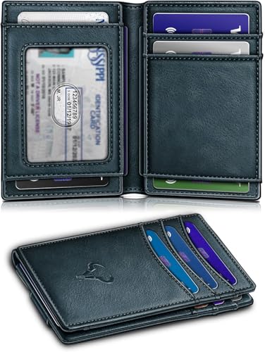 Image of Contacts RFID Blocking Magnetic Closure Slim Genuine Leather Front Pocket Wallet for Men Holds up to 12 Cards Including 1 ID Window with Money Clip (Blue)