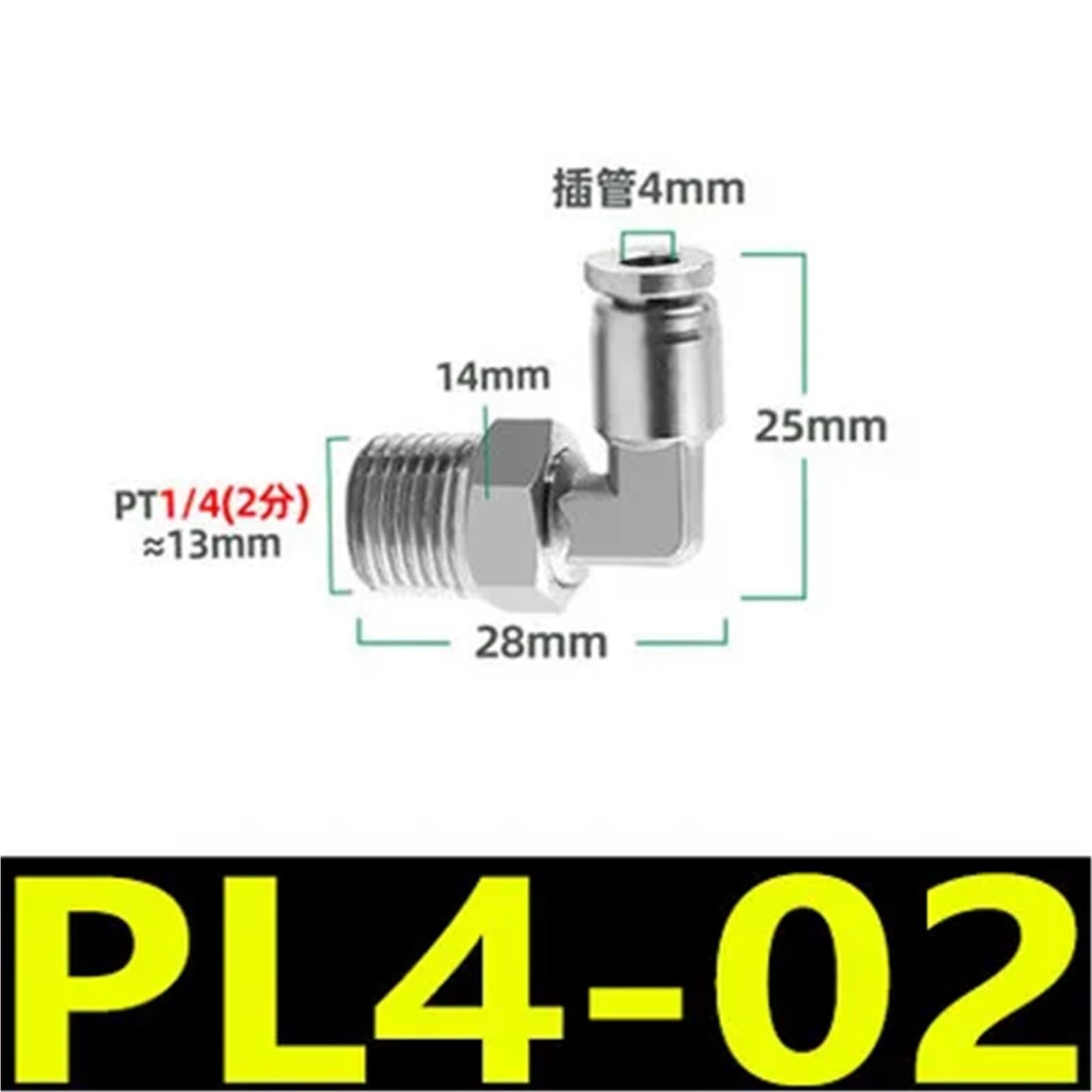 SERDAS PL4-02 PL Pneumatischer Edelstahlverbinder BSP4 mm-12 mm Schlauch, 1/8 Zoll, 1/4 Zoll, 3/8 Zoll, 1/2 Zoll Außengewinde, pneumatisches Rohr, Winkelverbindungsrohr (PL4-02), 4 Stück