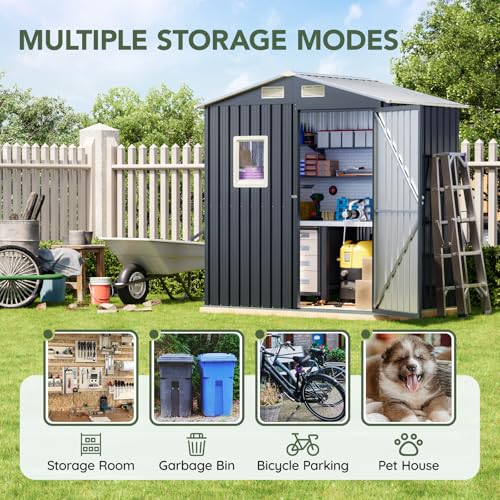 Image of Update Version 6x4 FT Outdoor Metal Storage Shed, Single Door, 1 Clear Window, Tool Shed for Garden, Patio, Backyard Brown
