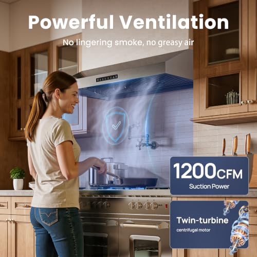 Image of VIKIO HOME 30 inch Range Hood Stainless Steel(PVD), Black Stove Hood with 1200 CFM with 1.5 Sones Quiet, 3 Speed Exhaust Fan Hood Vents for Kitchen, Under Cabinet Range Hood with GU10 LED Lights