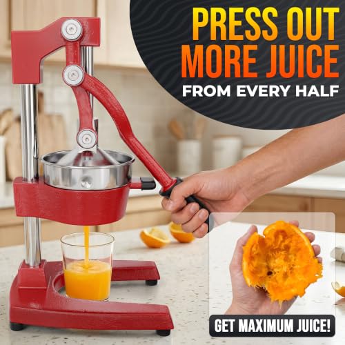 Image of Cast Iron Juicer Hand Press, Heavy-Duty Squeezer (Red) | Lever Manual Citrus Press Juicer & Orange Squeezer for Lemon, Lime & Lemonade; Steel Cone & Strainer; for Home or Bar