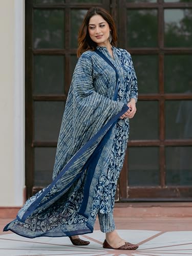 Image of Arayna Women's 100% Pure Cotton Ikat Printed Ethnic Straight Kurta Pant and Dupatta Set for Women