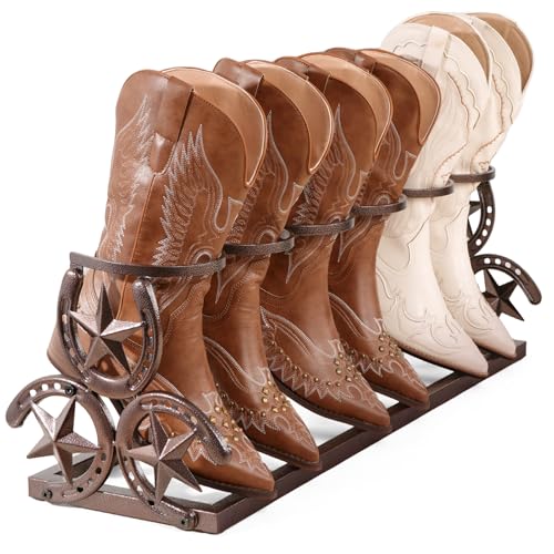Western Horseshoe Boot Rack 3 Pairs Freestanding Metal Boot Stand Adjustable Cowboy Boot Organizer with Texas Star Ends for Entryway Bedroom Living Room Decor Gift for Cowboy Boot Lovers Bronze