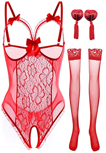 NLAND Lencería de Mujer Babydoll Suspender Backless V-Neck Mesh Ropa Interior Abierta en La Entrepierna con Medias y Pegatinas para Pezones(Rojo,M)