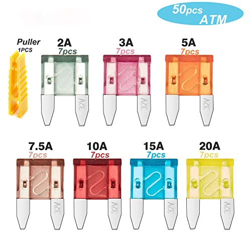 Chanzon Mini Blade Fuse Assortment Kit Atm/Apm 50Pcs 7 Values (2A 3A 5A 7.5A 10A 15A 20A) Auto Fuses Assorted For Car Truck Rv Automotive Motor Boat #TOP5
