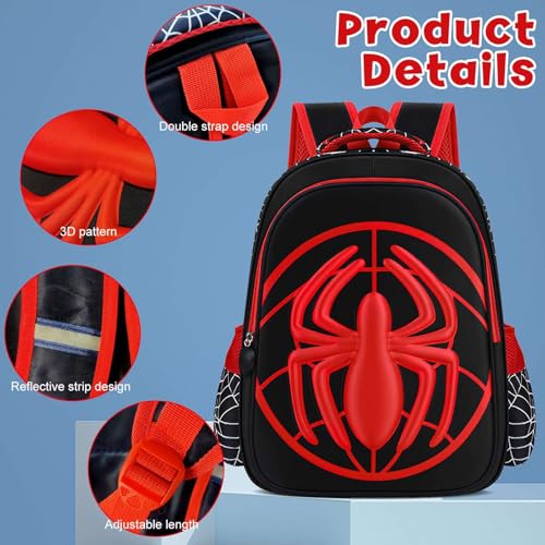 Kids School Backpack,15in Cartoon Spider Schoolbag with Pencil Case 3D Waterproof Book Bag for Elementary Boys Large Capacity Back to School Supplies,Black3