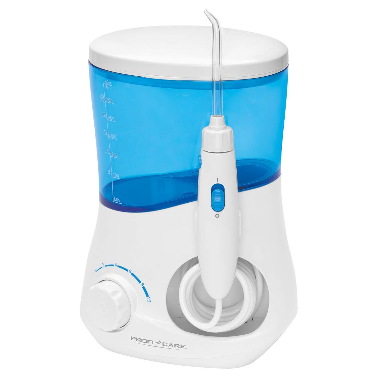 ProfiCare Jet Dentaire avec 3 Buses de Nettoyage Pression d'Eau Réglable en Continu Blanc/Bleu