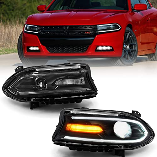 FIONE - For Dodge Charger Headlights Assembly 2015 2016 2017 2018 2019 2020 2021 Halogen Model Headlamp with LED DRL & Turn Signal Lights Left Driver & Right Passenger Side 68214399AC 68214398AC