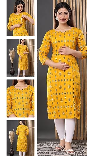 Image of Vinny's Creation Women's Cotton Maternity Kurti | Floral Printed Feeding Kurta with Hidden Zipper | Stylish Pregnancy Gown & Nursing Dress for Womens