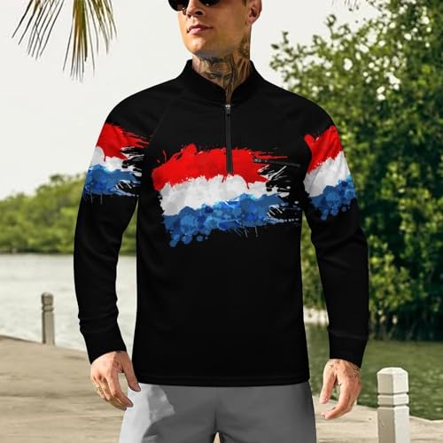 Flag of Netherlands Splashes Men's Rash Guard Long Sleeves Quick Dry Fishing Workout Shirts with Zipper2