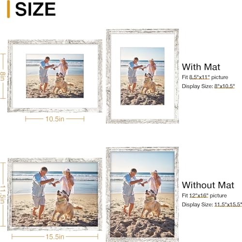 decorUhome 12x16 Picture Frame, Display 8.5x11 Certificate with Mat or 12x16 Poster without Mat, Wall Mounting Photo Frame, Distressed White, 1 Pack