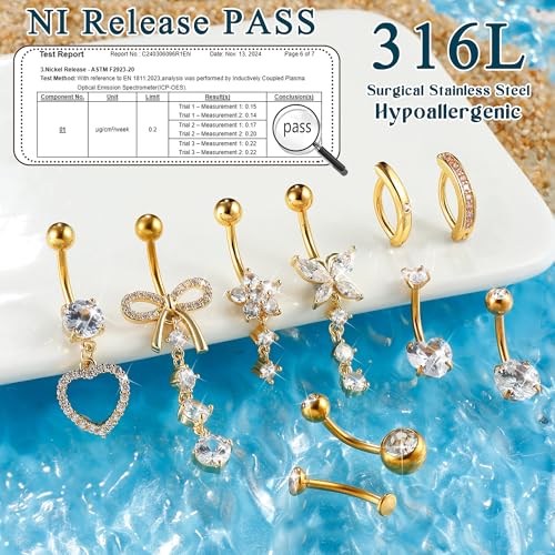 CASSIECA 10Pcs Gold Belly Button Piercing Ring-Surgical Steel CZ Heart Navel Belly Rings for Women Dangle Short Clicker Navel Piercings Cute Summer Jewelry 14G2