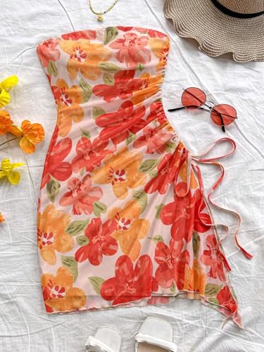 Milumia Women's Floral Ruched Mini Tube Dress Strapless Split Hem Bodycon Dresses3