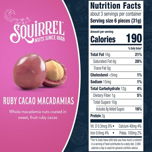 Image of Squirrel Brand Ruby Cacao Macadamias, 3.25 Ounces, Resealable Bag, Gluten Free, Kosher, Snacks for Adults and Kids, Fair Trade Certified Cocoa (Pack of 4)