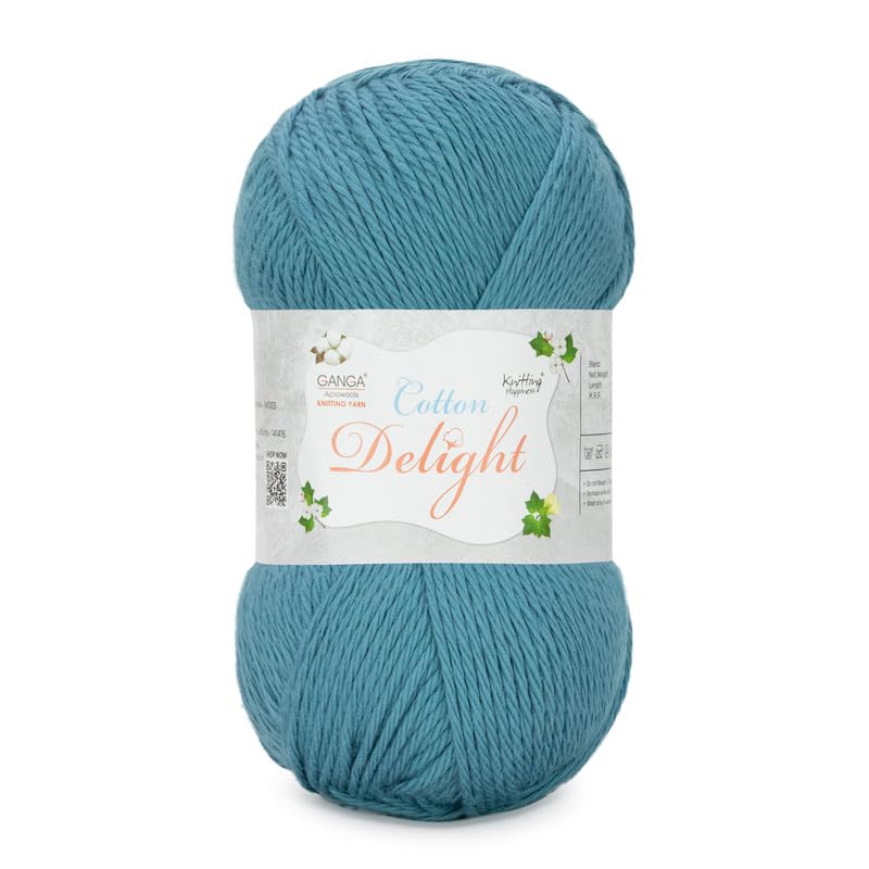 Image of Ganga Acrowools Cotton Delight, Dk Weight Cotton Yarn, Oekotex Class L Certified 100G, 169M, Pack of 1 Ball - 100gm Each, Shade No. - COD088 Steel Blue