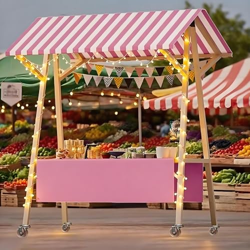 Carrito de venta móvil con toldo a rayas, soporte plegable para aperitivos, bebidas y perros calientes, perfecto para festivales, playas y vendedores de comida callejera
