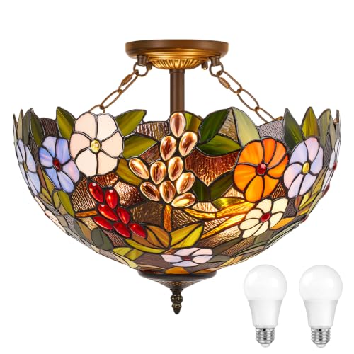 Rynxphera Tiffany Ceiling Light, 16 Inch Grape Flower Stained Glass