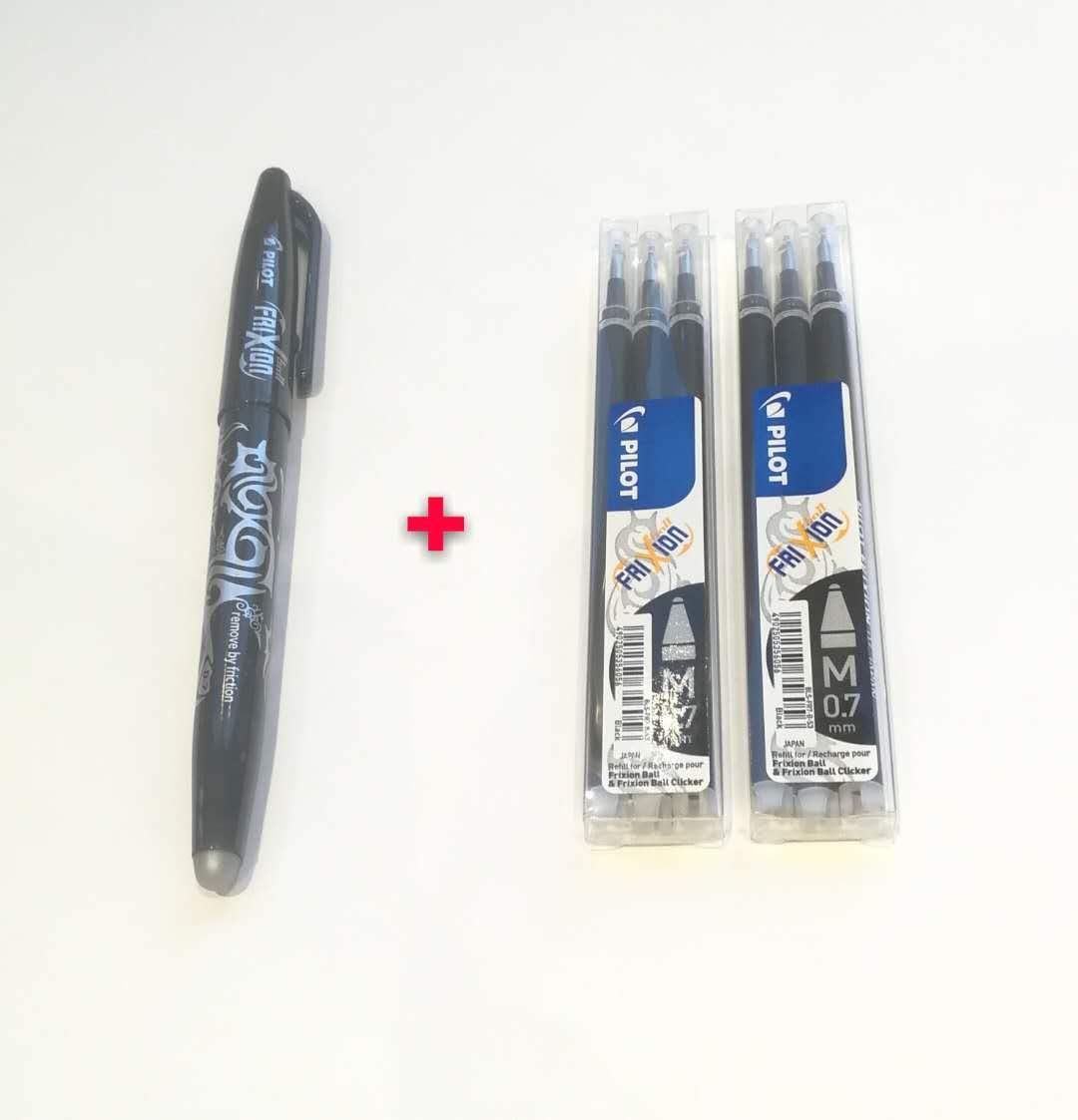 PILOT Frixion Roller Ball Pen [1 + 2] 1 bolígrafo + 2 juegos de 3 recambios reemplazables, 0,​7 mm, colores a elegir, azul, negro y rojo (negro)