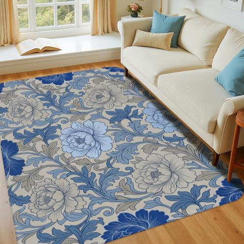 Alfombra antideslizante rectangular azul floral decorativa de dormitorio 6