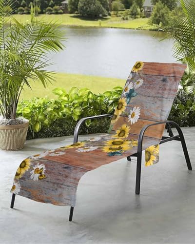 Watercolor Flowers Beach Chair Towel Covers for Chaise Lounge with Side Pocket, Soft Plush Pool Towels Cover for Patio Sunbathing Outdoor 29''x85'' Sunflower Plants Farmhouse Woodgrain