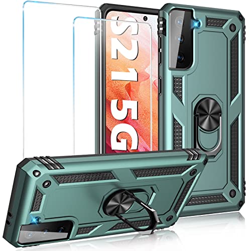 Image of Case for Samsung Galaxy S21 5G Case Heavy Duty with Built in Screen Protector Hard Armor Military Anti-Fall Bumper Cover for Samsung S21 5G 6.2 2021 Phone Cases with Magnetic Ring Kickstand Green