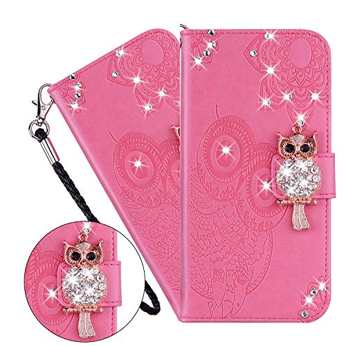 LEMAXELERS Carcasa iPhone 6S / iPhone 6,Funda iPhone 6S Relieve Diamante Brillo Búho Carcasa de Tipo Libro con Ranuras para Tarjetas de Soporte y Solapa con Cierre magnético Case,YK Owl Pink