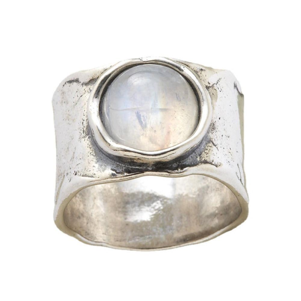Retro Rainbow Moonstone Ring 925 Sterling Silver Statement Ring For Women Handmade Rings Gemstone Promise Ring Stainless Steel Wide Moonstone Ring