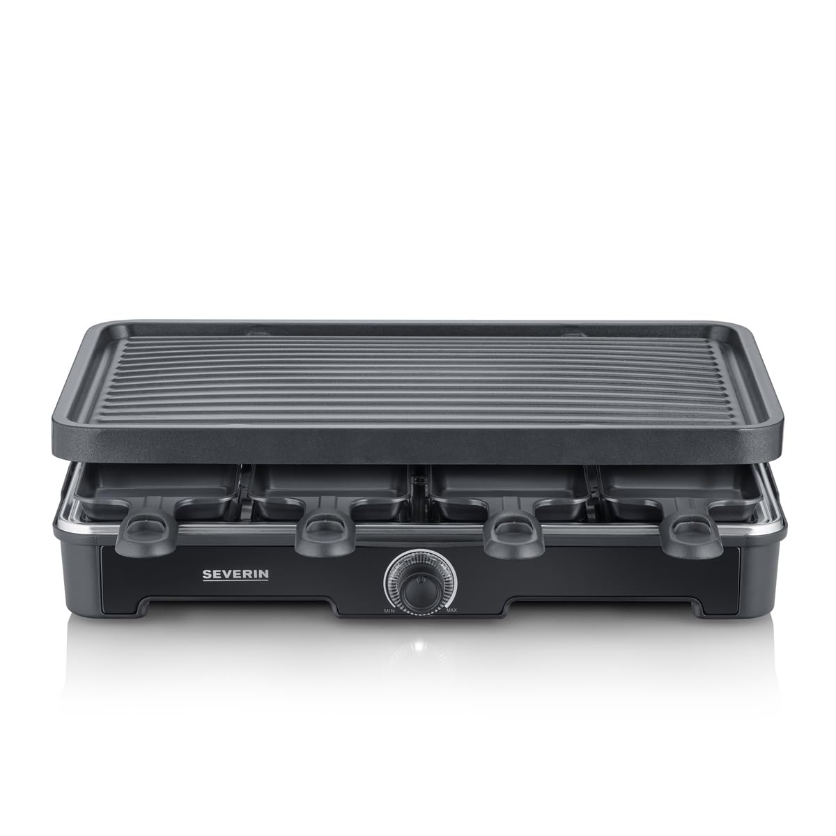 SEVERIN Raclette Grill, 1400W, 8 Padelline Antiaderenti, 8 Spatole, Piastra in Ceramica (41,5x26 cm), Temperatura Regolabile, Cavo Lungo 195cm, 42,0 x 28,0 x 12,0 cm, Nero - RG 9670