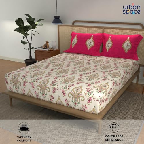 Image of Urban Space 144 TC Divine 100% Cotton Bedsheet for King Bed, Cotton Bedsheet with 2 Pillow Covers (Size 108 x 108 inches, Motif Red, King Size)