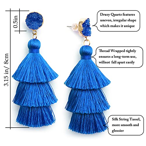 Azure Blue Tassel Earrings Dangle Layered Fringe Big Blue Earrings for Women Sapphire Druzy Studs Fashion Statement Boho September Birthday Jewelry Gifts for Her
