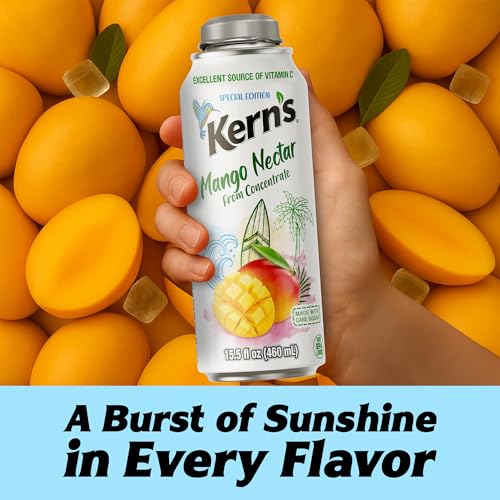 Image of Kern's Mango Nectar Lata Botella - Made with Fresh Fruit Puree - Mango Juice Concentrate for Tropical Fruit Smoothie Mix, Cocktail Mixers & Kids Beverages - 15.5oz, 12 Pack Resealable Juice Bottles
